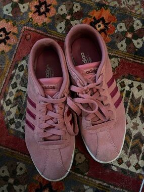 Adidas Women’s Pink Suede Sneakers with Burgundy Stripes